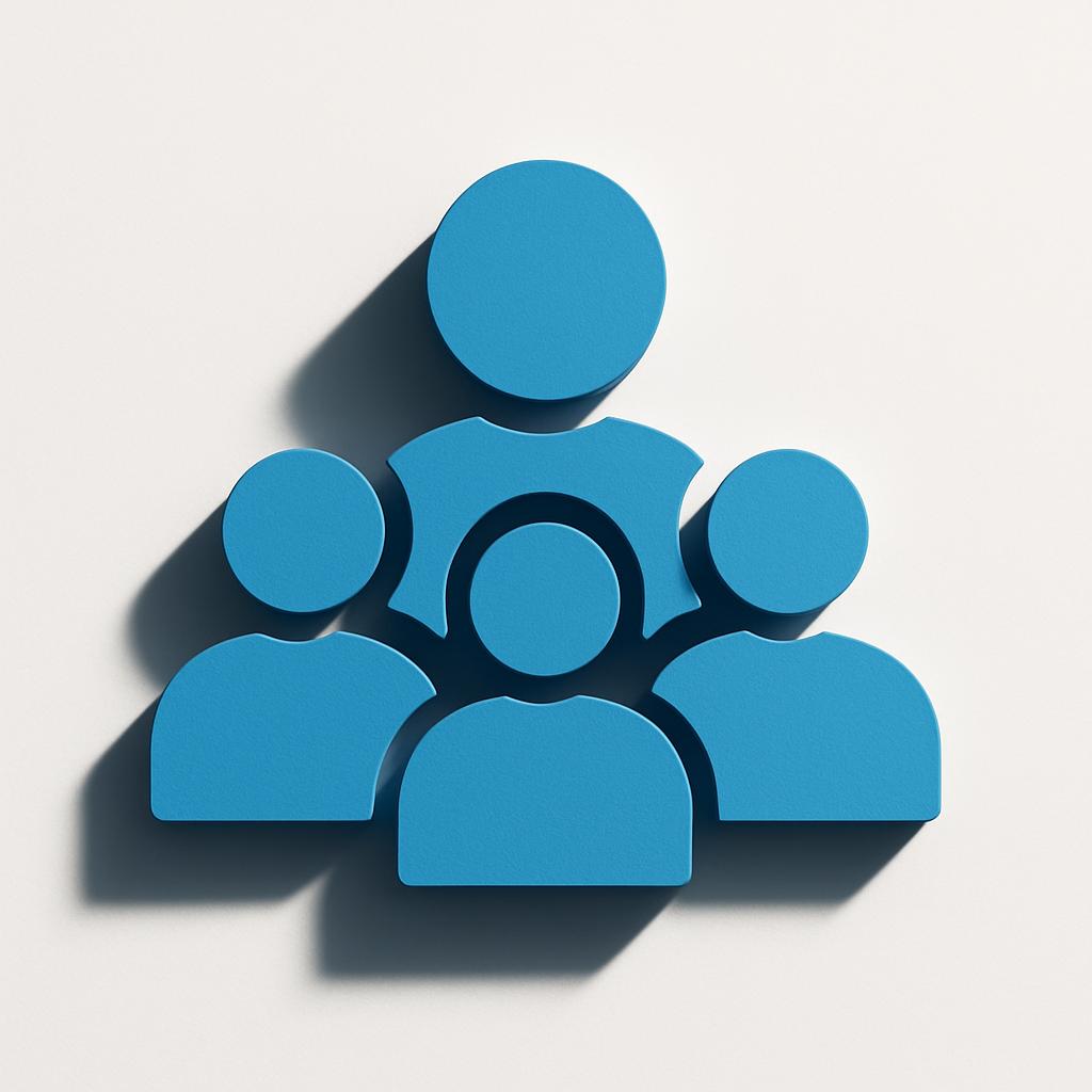 A blue icon of five people in various positions, representing a team or community.
