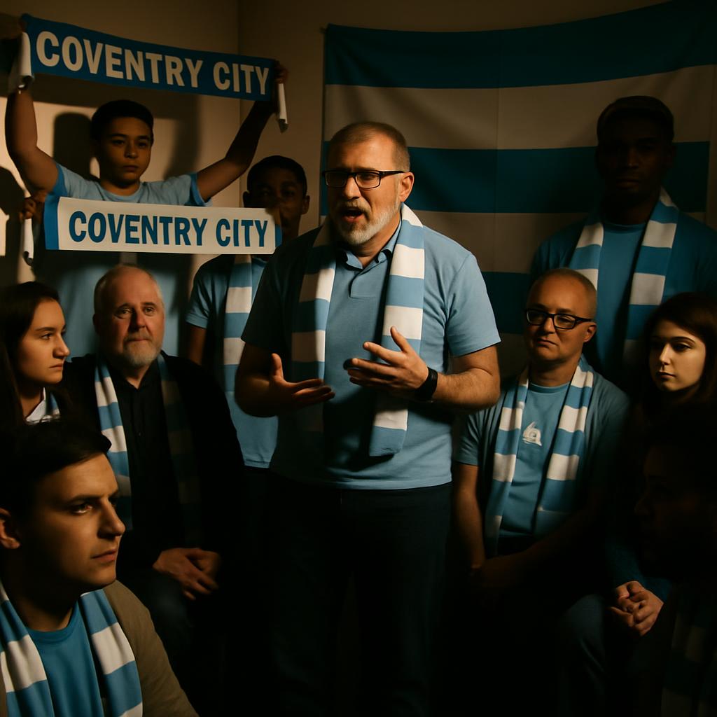 people in cov feety, six men and two women surrounded by a coventry city scarf pattern in blue and white, one man is talki...